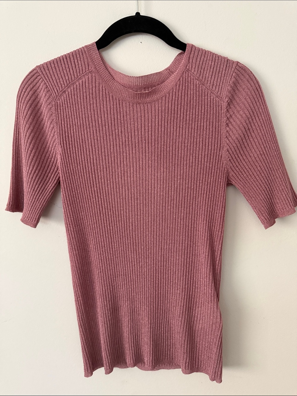 ba&sh Dusty Rose Ribbed Short-Sleeve Metallic Knit Top